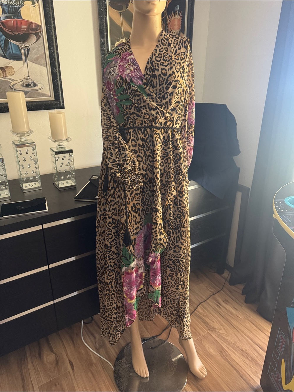 Leopard Print Wrap Maxi Dress with Pink Floral Accents P 10